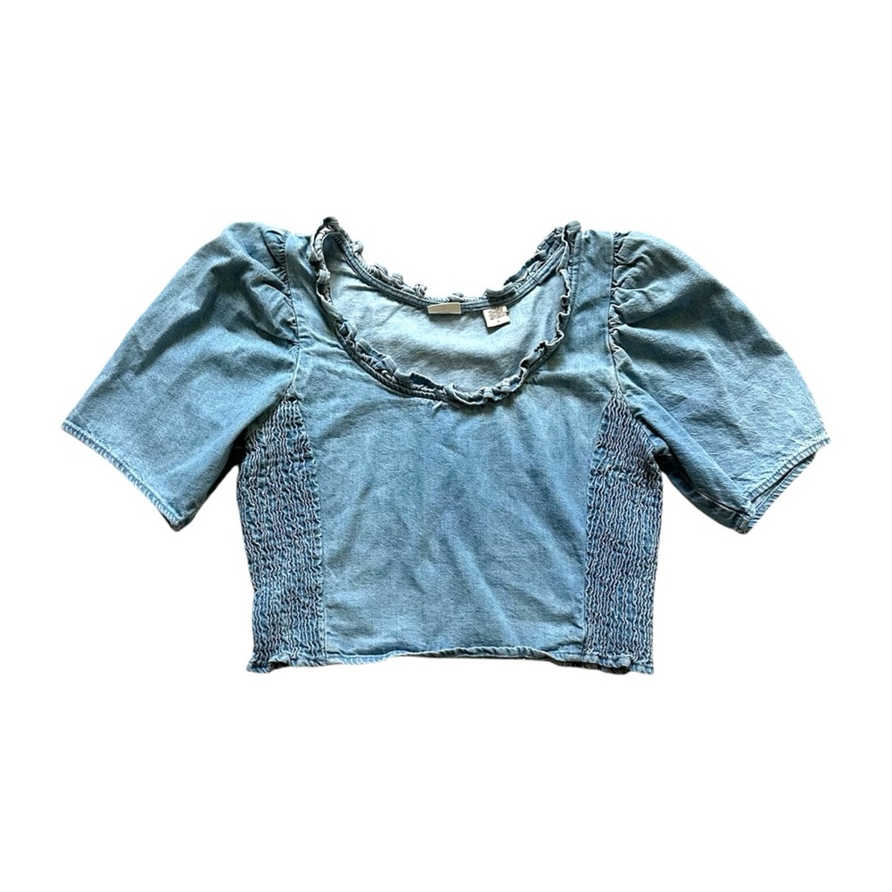 Levi’s Louise Puff‎ Sleeve Smocked Cropped Blouse Denim Blue Size M